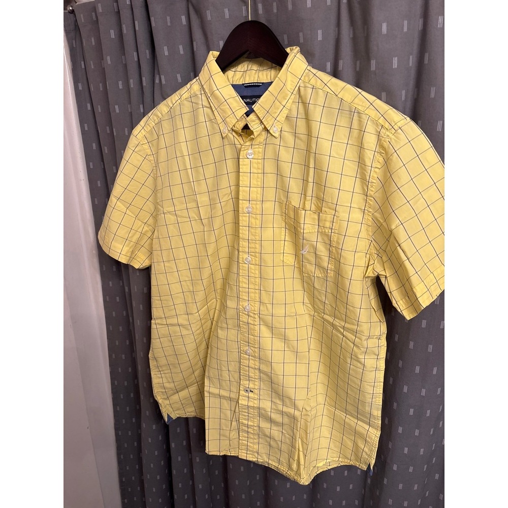 Nautica Mens Yellow Windowpane Check Short Sleeve Button Down Shirt Large Cotton